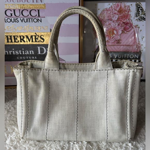 Vintage Prada Small Canapa Denim Logo Tote in Bianco Grey/white - Picture 4 of 16